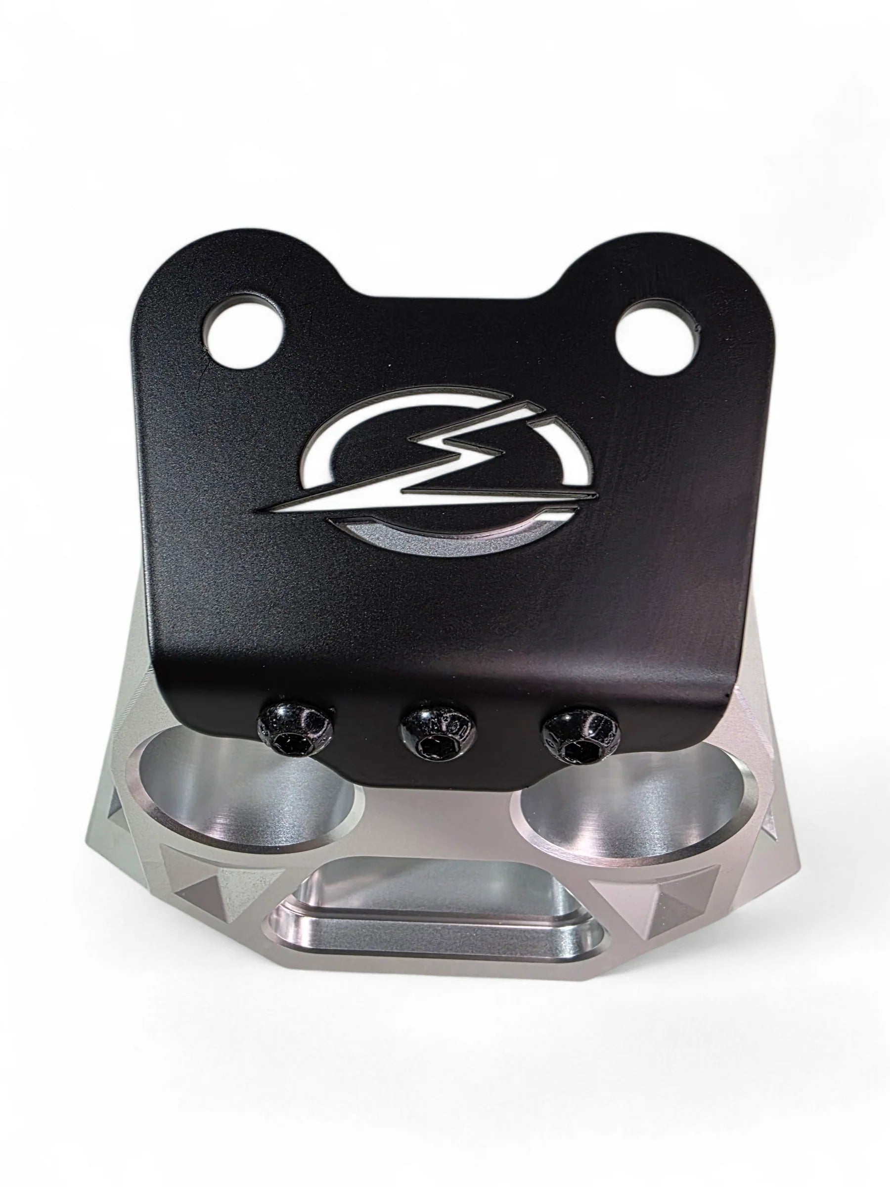 Metallic bracket with a logo on a white background