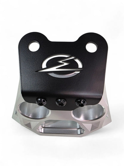 Metallic bracket with a logo on a white background
