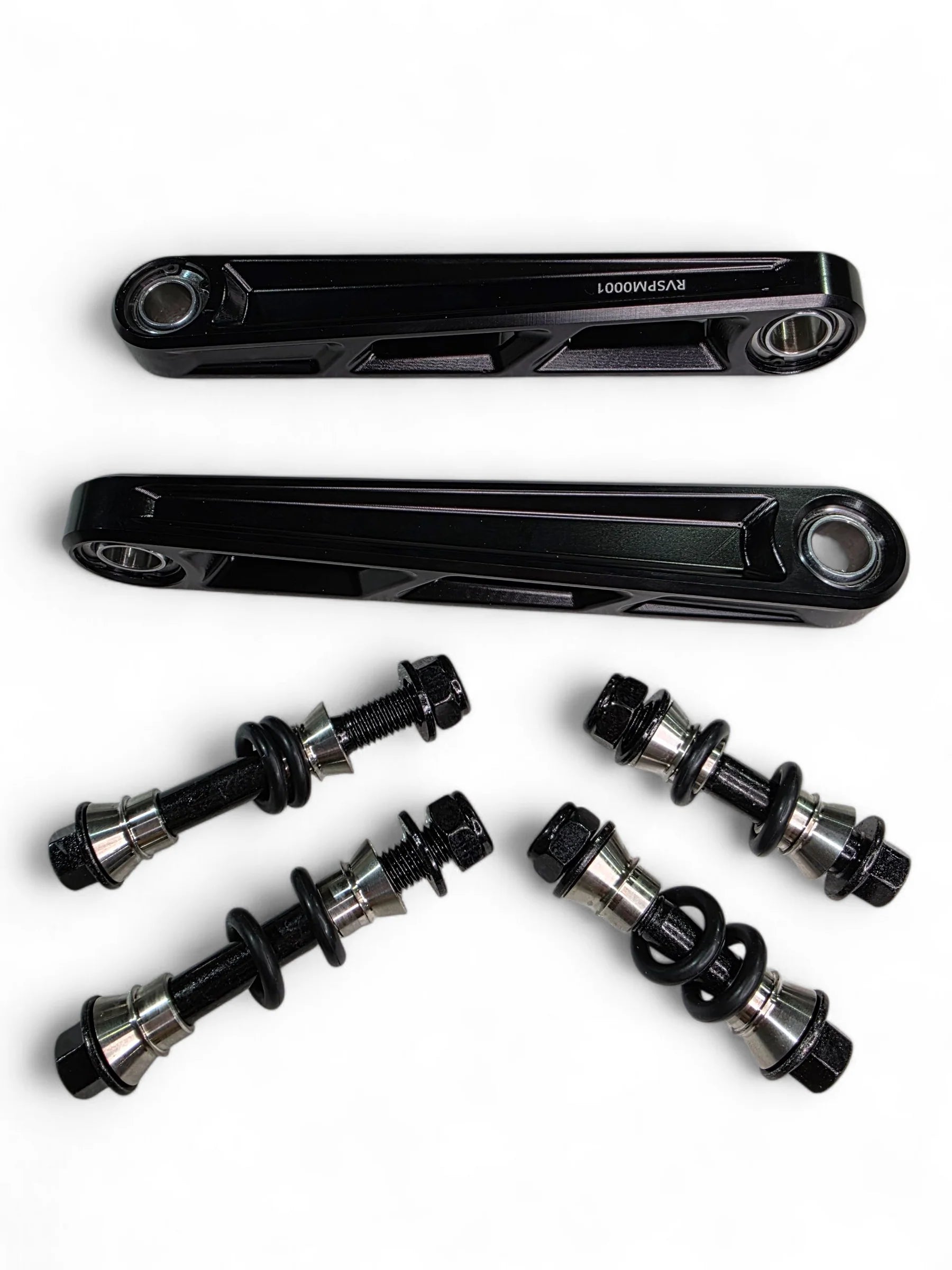 two black sway bar links with hardware on white background