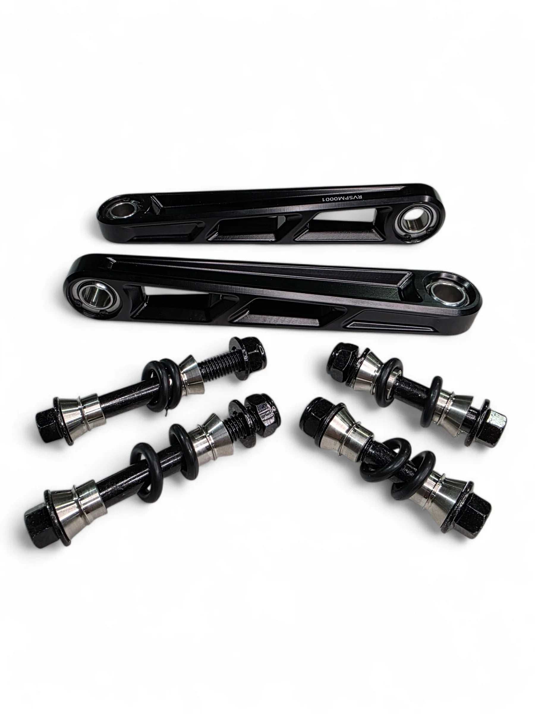 Two Elektric Offroad sway bar links with included hardware on white background