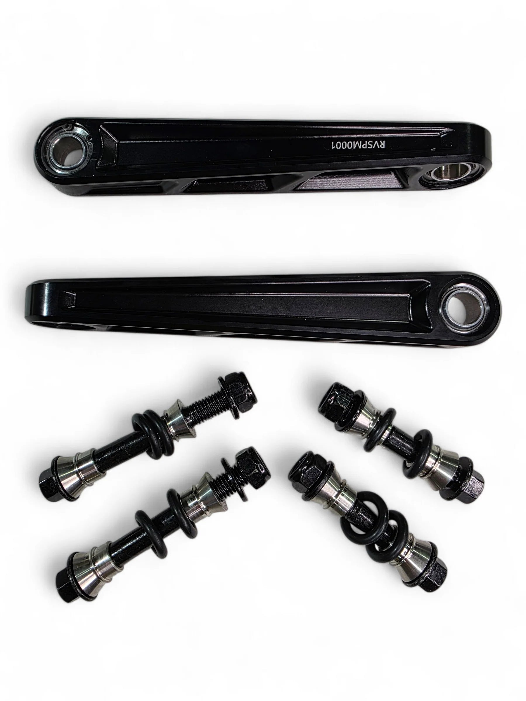 Two black sway bar links with hardware on white background