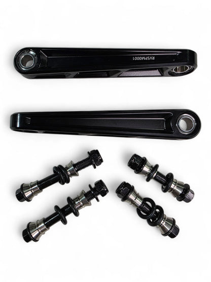 Two black sway bar links with hardware on white background