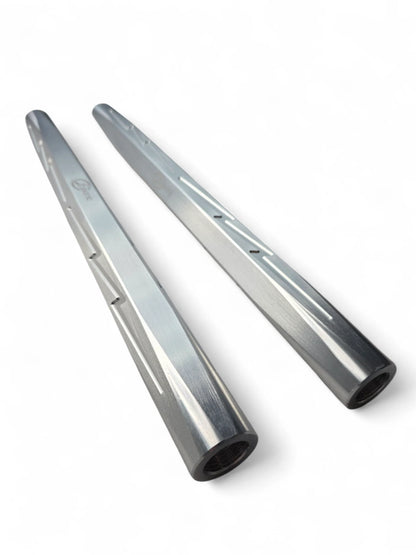 Two metallic silver pipes on a white background