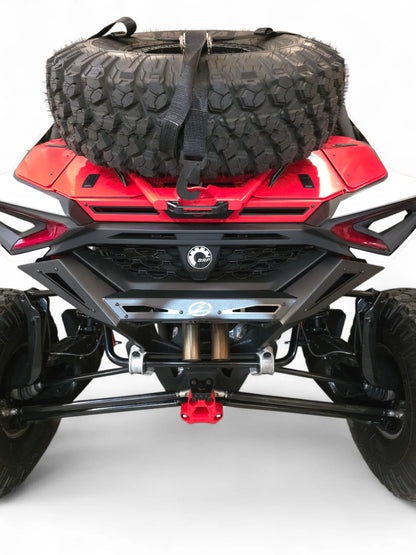 Red off-road vehicle with a black tire and bag on a white background