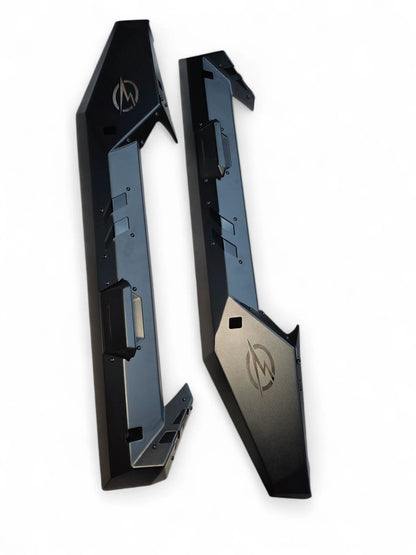 Black and gray metal components with a logo on a white background