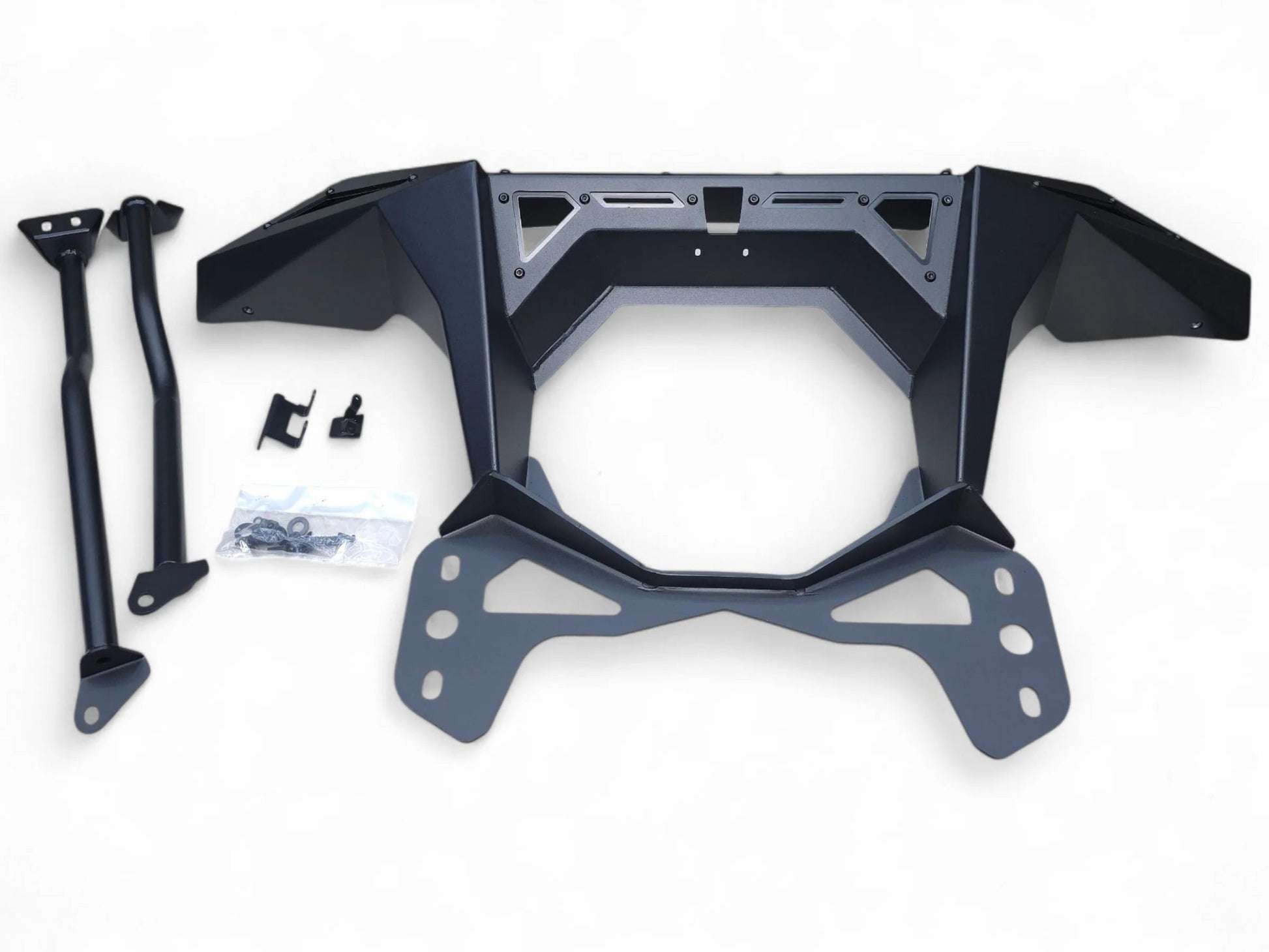 Black metal frame with attached parts on a white background