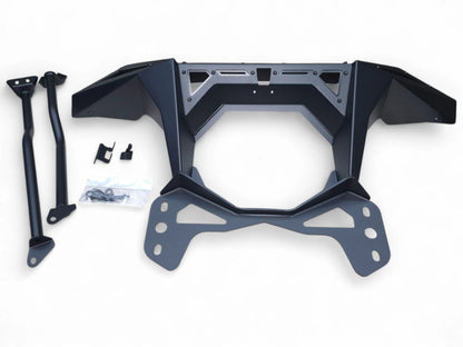 Black metal frame with attached parts on a white background