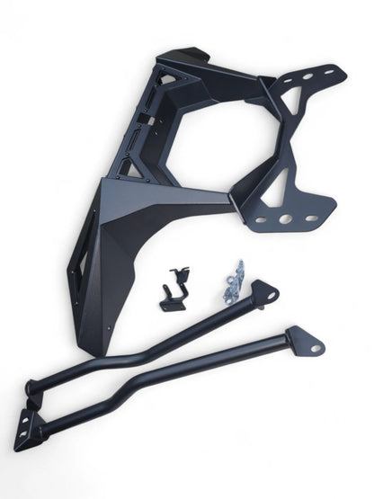 Black metal frame and components on a white background