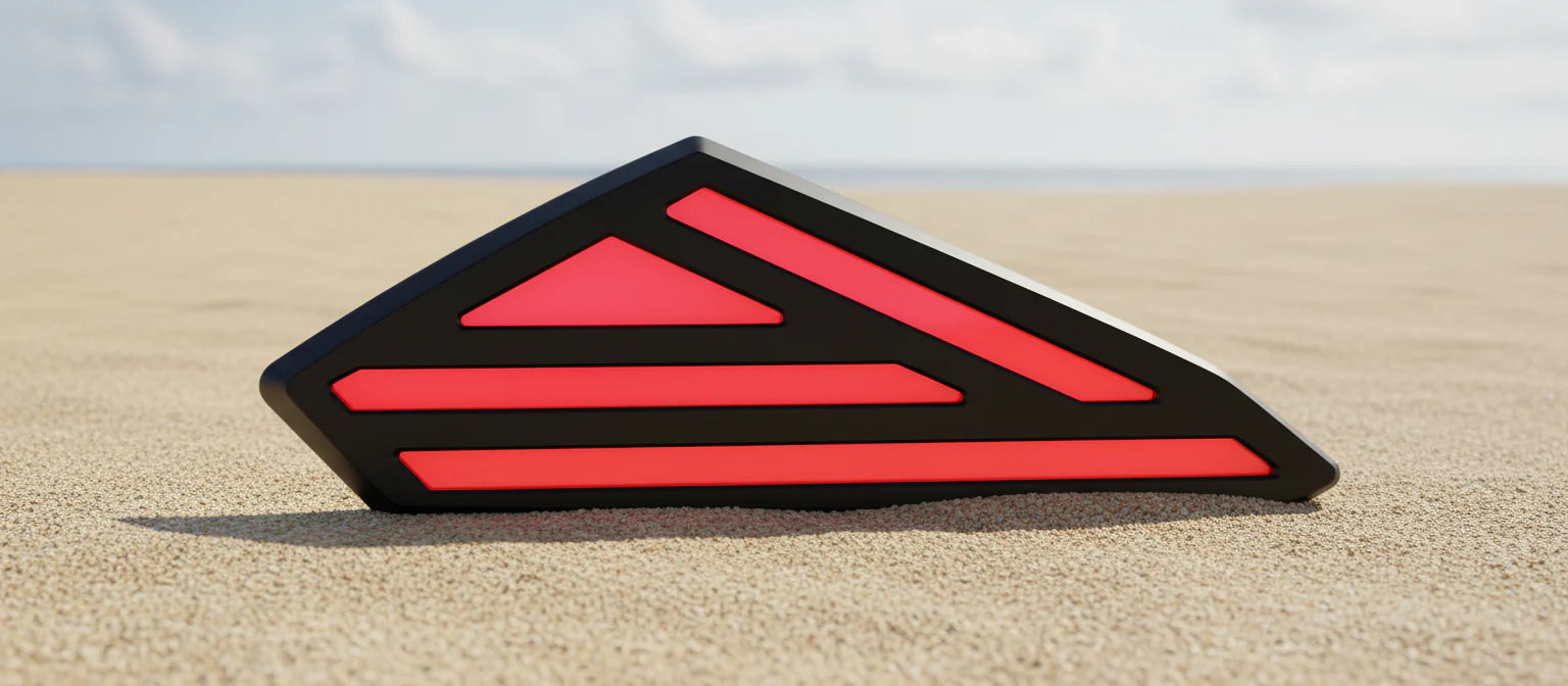 Black and red geometric object on a sandy surface with a blurred background