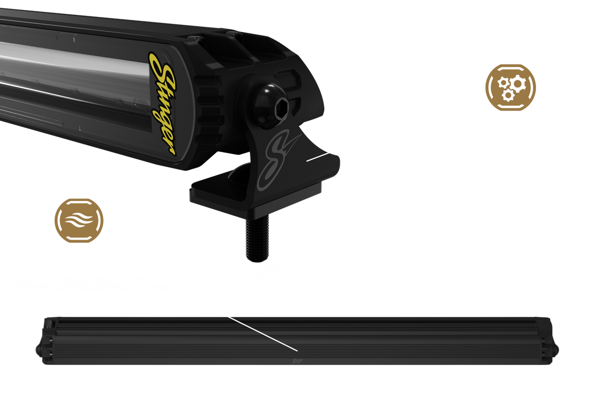 Stinger LED light bar with mounting bracket and gear and airflow icons