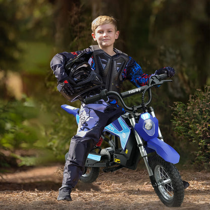 Child wearing protective gear on a blue dirt bike in a forest setting