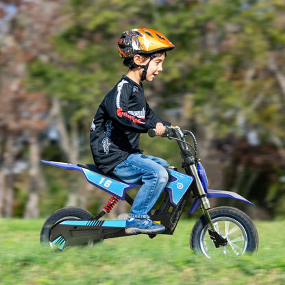 Child riding a blue and black electric scooter with a helmet in a park setting