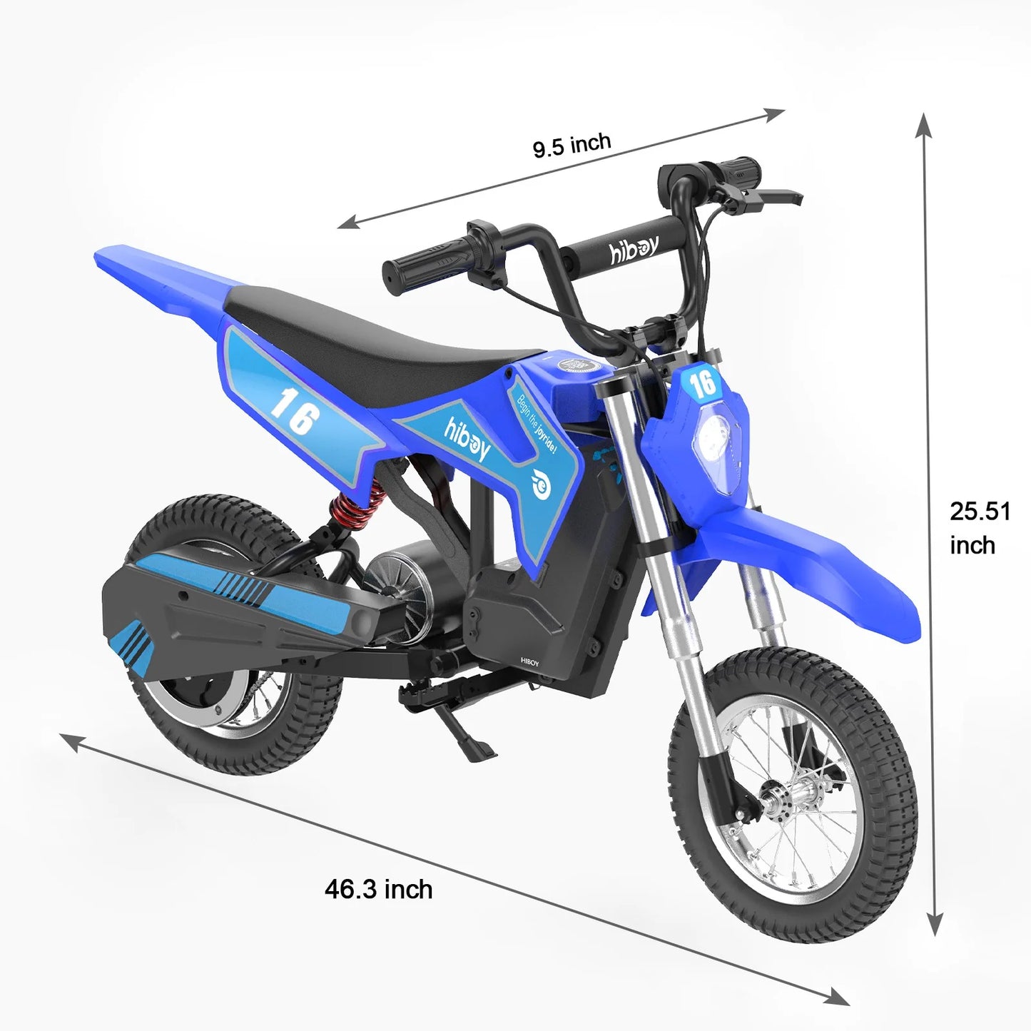 Blue and black electric bike with dimensions labeled on a white background