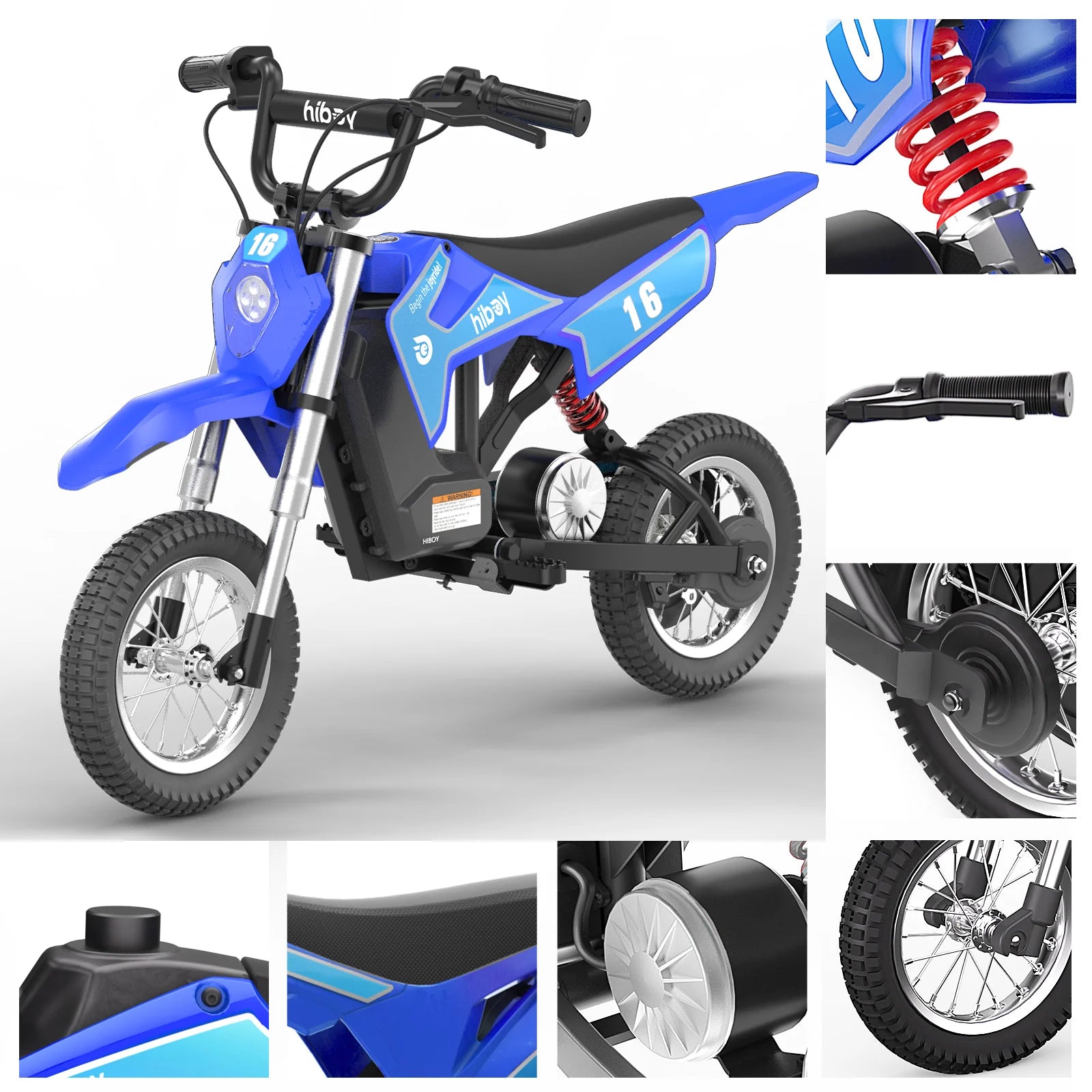 Blue and black children's electric bike with close-up details on a white background