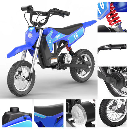 Blue and black children's electric bike with close-up details on a white background