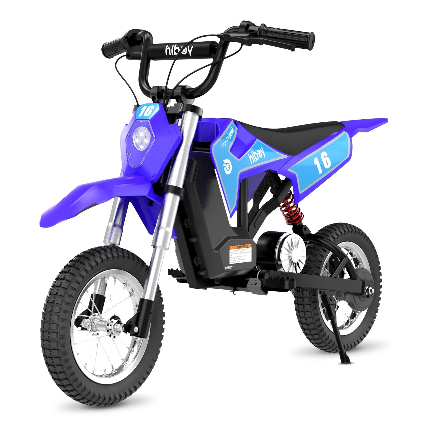 Blue and black children's electric bike on a white background