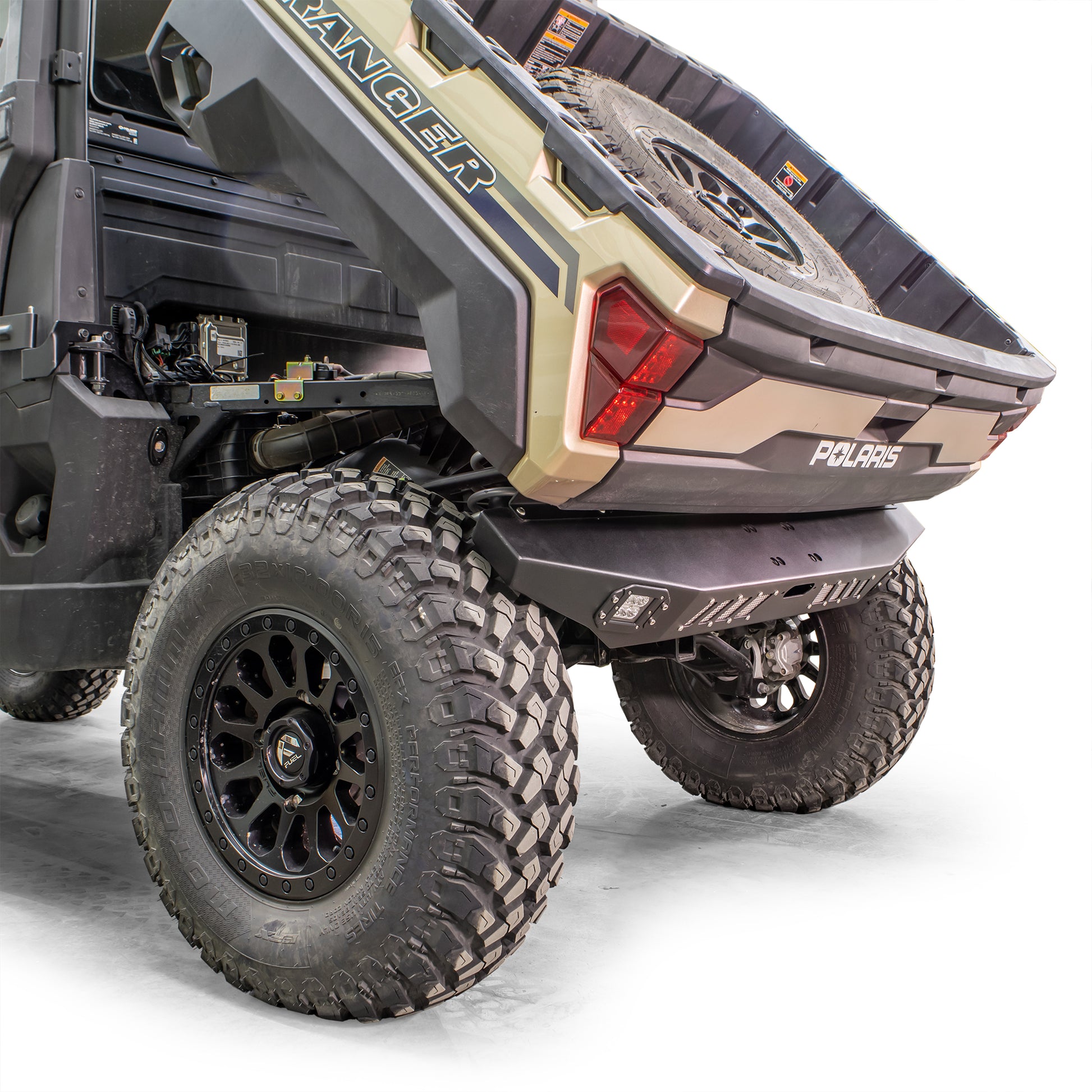 DRT Polaris 2019+ Ranger XP 1000 All Models Rear Winch Bumper with LED on machine bed dumping front left