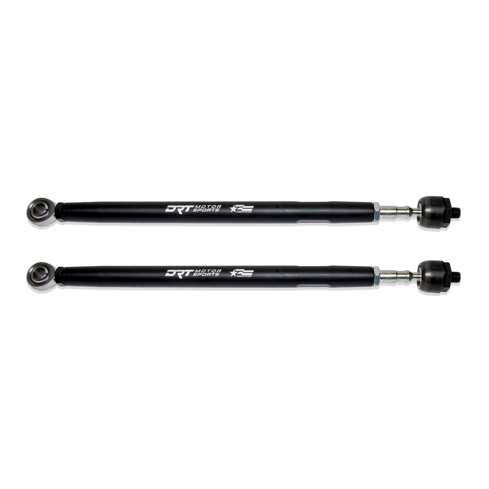 Two black metal shafts with 'DRT Motorsports' branding on a white background