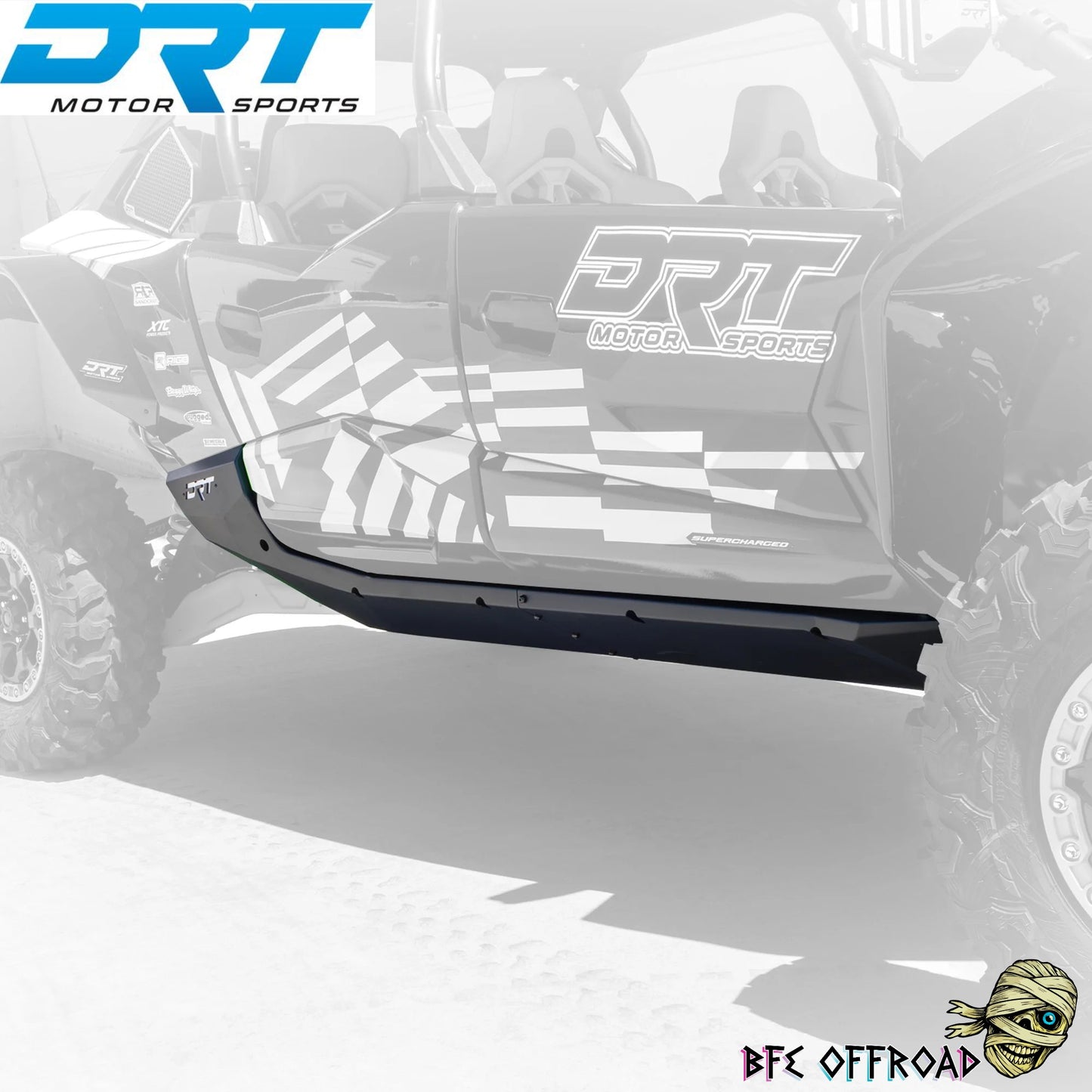 Black protective cover with DRT Motor Sports branding on a blurred background