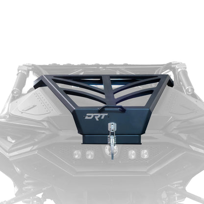 Rear view of a vehicle with a black protective grille on a white background