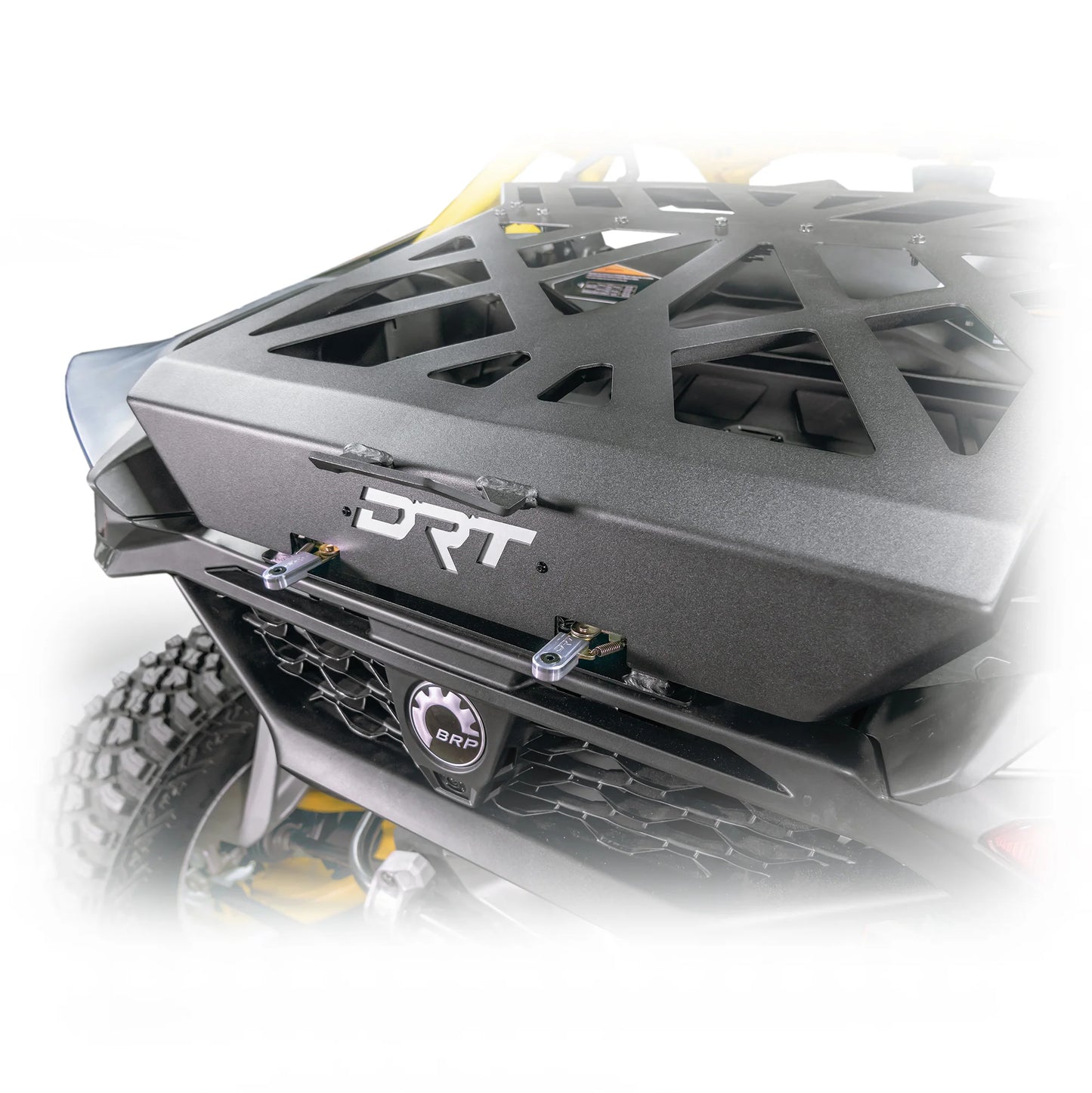 DRT Adventure Rack Spare Tire Cargo Carrier Fits: CAN-AM MAVERICK R 2024+ close up logo and latch