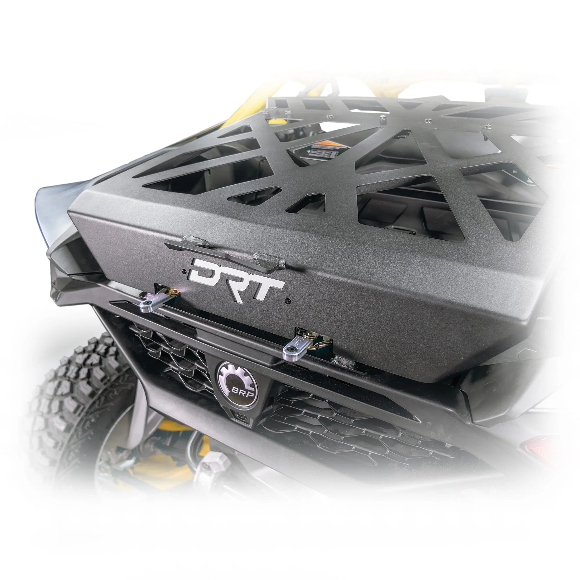 DRT Adventure Rack Spare Tire Cargo Carrier Fits: CAN-AM MAVERICK R 2024+ close up logo and latch