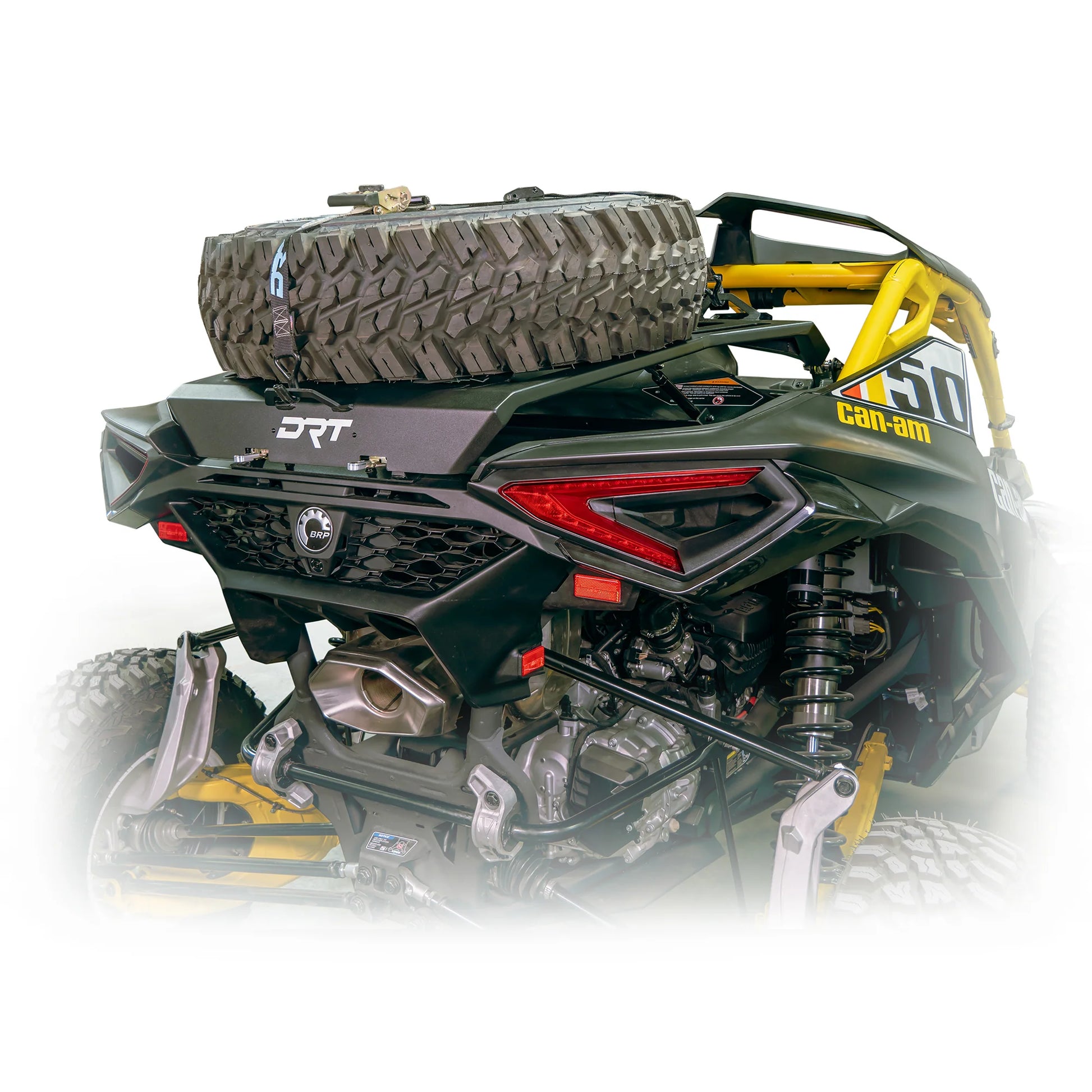 DRT Adventure Rack Spare Tire Cargo Carrier Fits: CAN-AM MAVERICK R 2024+ closed with Spare installed