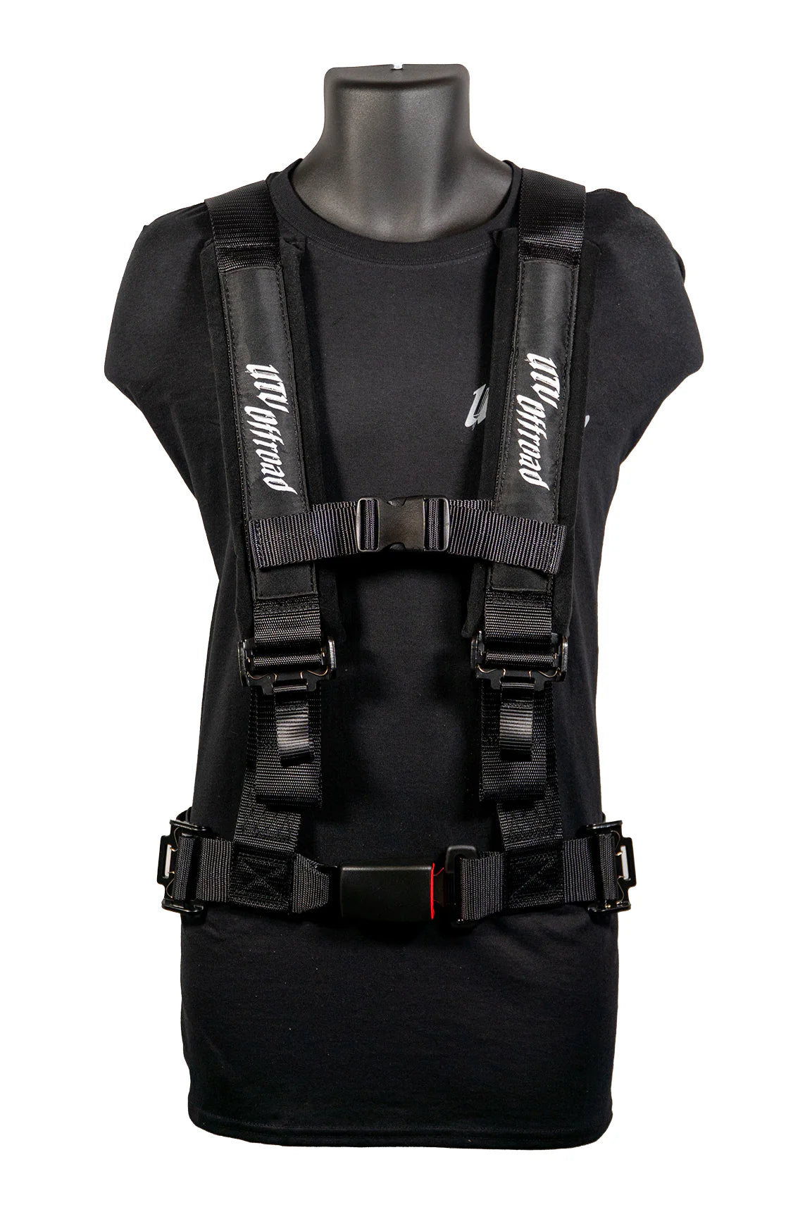Black tactical vest on a mannequin with visible branding against a white background