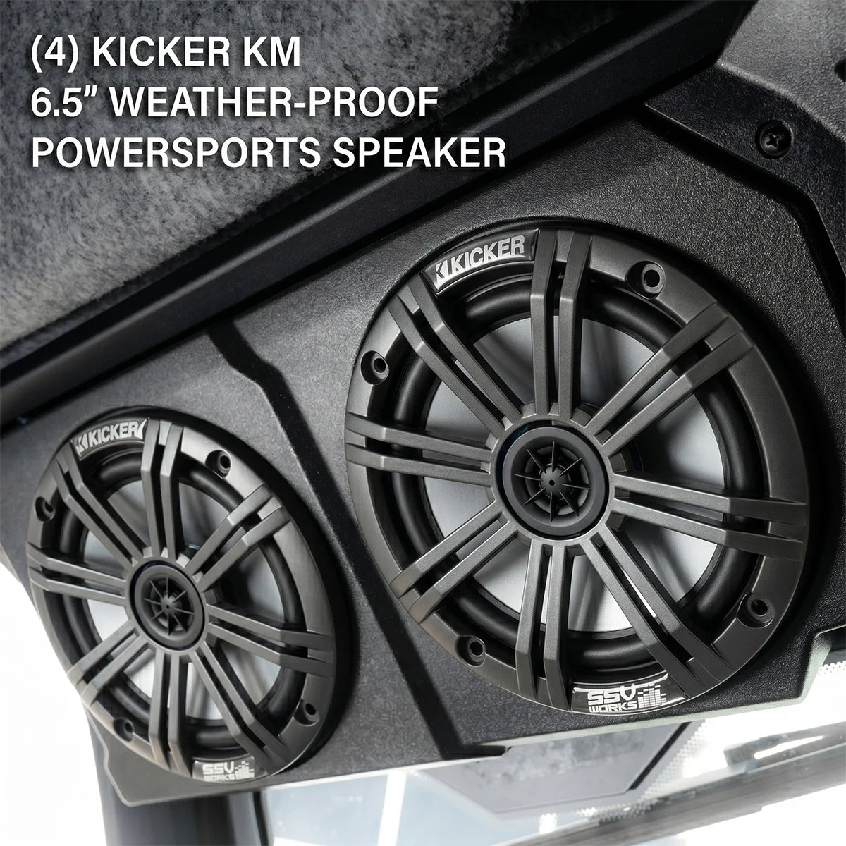 Kicker weather-proof powersports speaker with text indicating model and features.