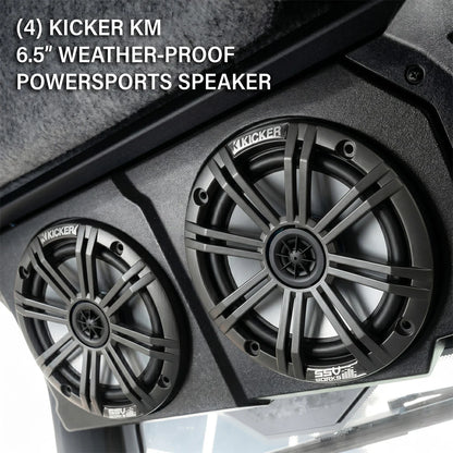 Kicker weather-proof powersports speaker with text indicating model and features.