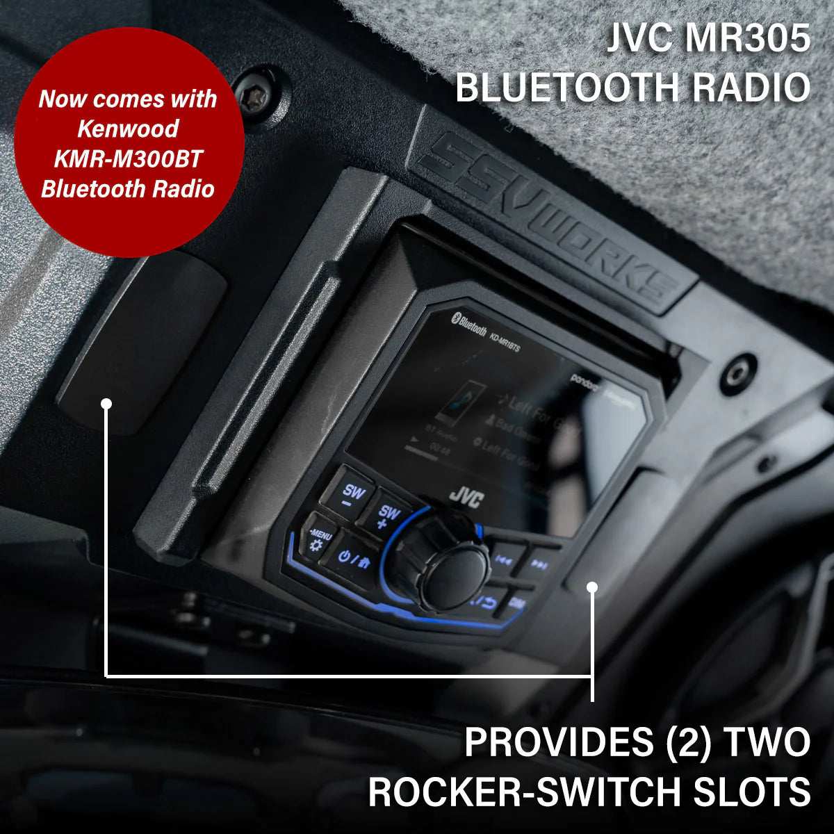 JVC MR305 Bluetooth radio installed in a black marine audio console, with text overlays highlighting Bluetooth compatibility and two two-rocker-switch slots, plus a red badge mentioning Kenwood KMR-M300BT Bluetooth radio.