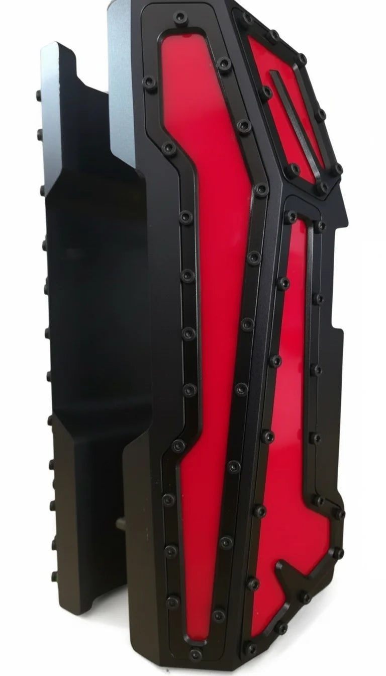Black and red gaming chair with a futuristic design on a white background