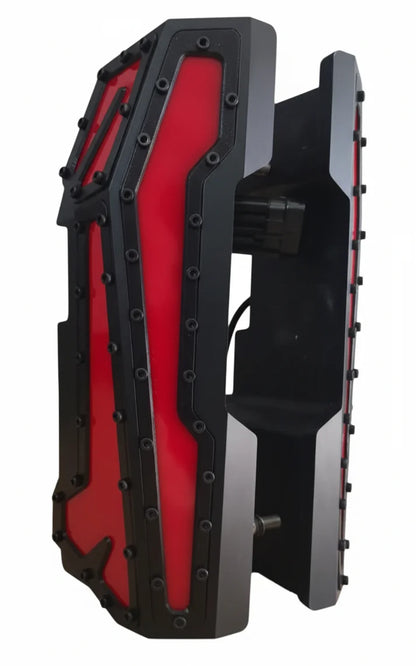 Red and black industrial component on a white background