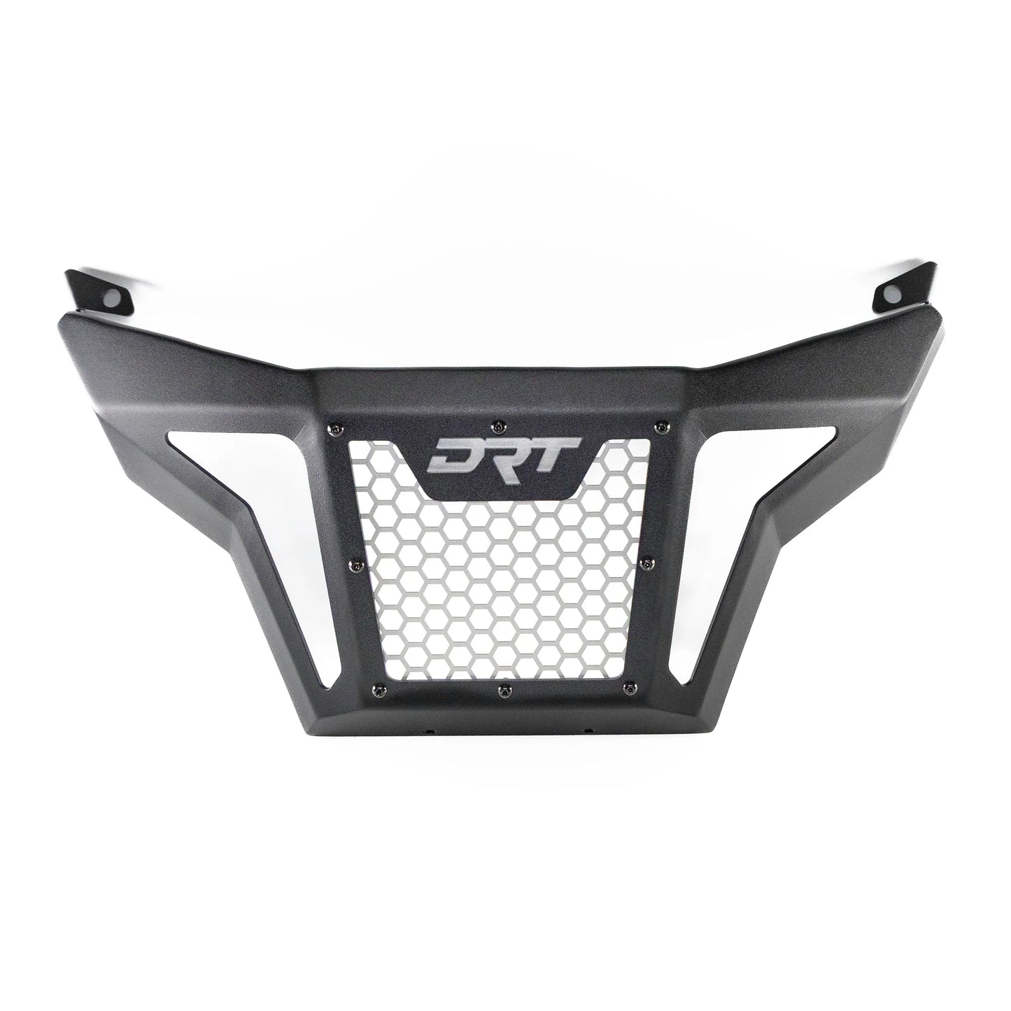 Black protective grille with DRT logo on a white background