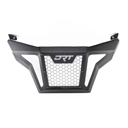Black protective grille with DRT logo on a white background