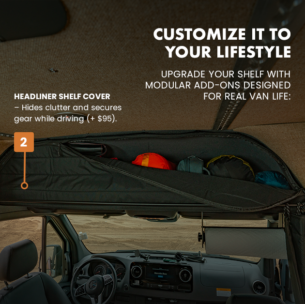 WHITE TOP ADVENTURES SPRINTER HEADLINER SHELF INCLUDES CURTAIN ROD AND LINER 2019+