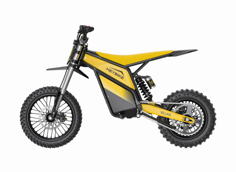 Yellow and black dirt bike with 'Heybike' branding on a white background