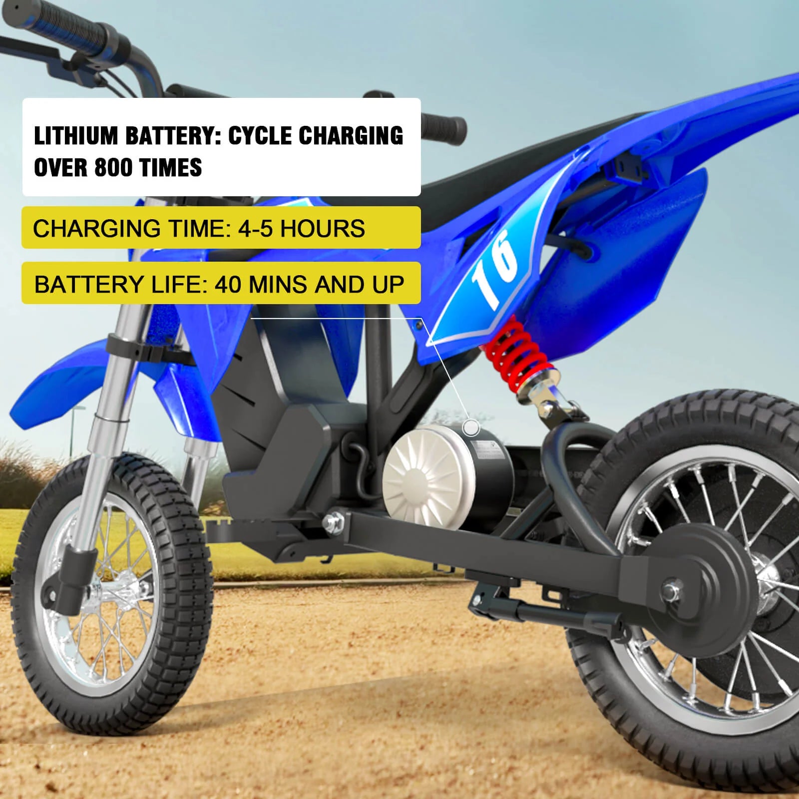 Blue children's dirt bike with charging information text overlay on a clear sky background