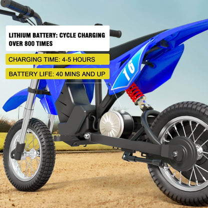 Blue children's dirt bike with charging information text overlay on a clear sky background