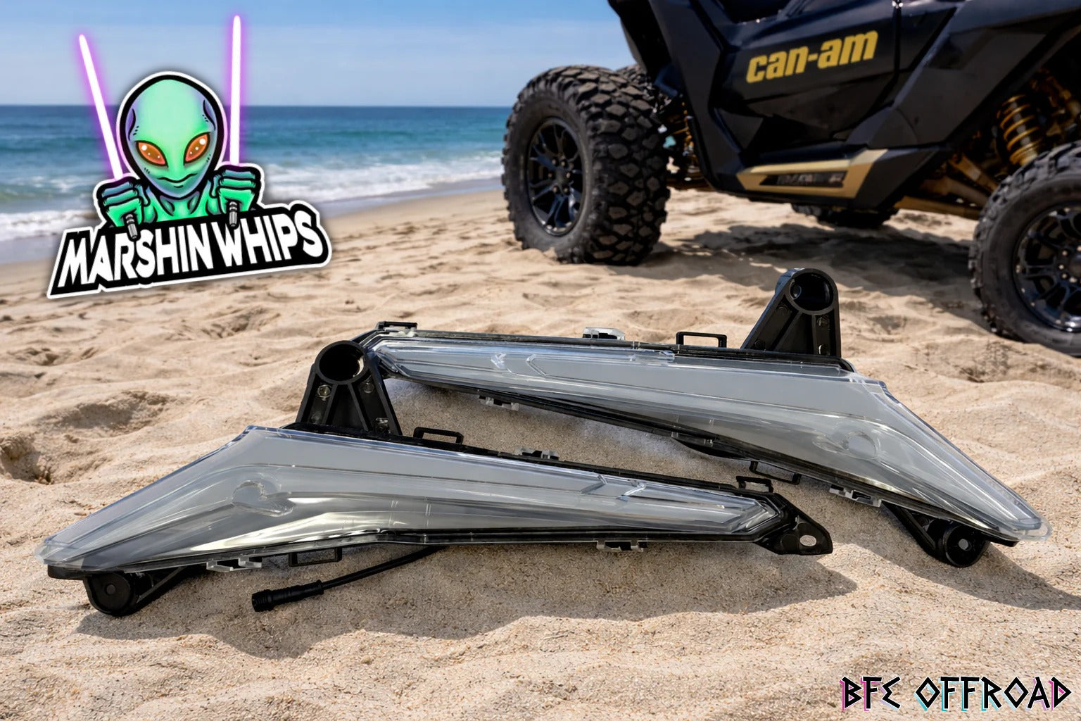 Marshin Whips fender flares on a beach with Can-Am vehicle in the background