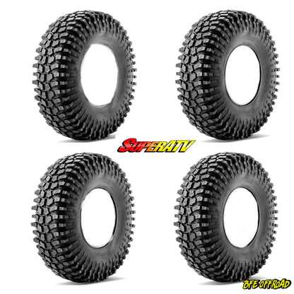 Four off-road tires with SuperATV and BFE Offroad logos on a white background