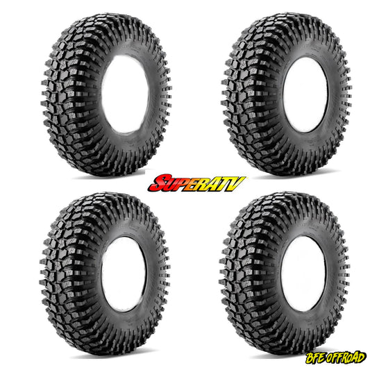 Four off-road tires with SuperATV and BFE Offroad logos on a white background
