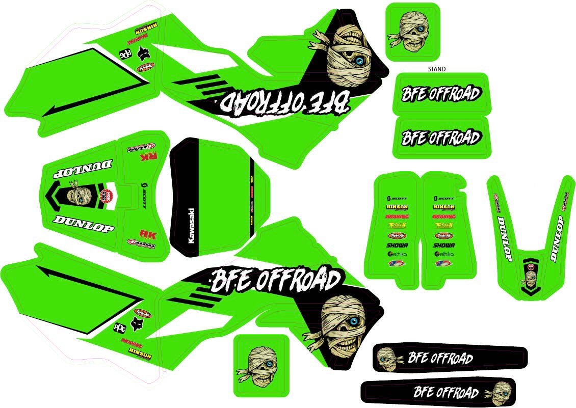 A set of bright green and black custom graphics decals for a dirt bike, featuring 'BFE OFFROAD' logos, a cartoon bandaged head character, and sponsor logos like Dunlop and Kawasaki, laid out on a white background.