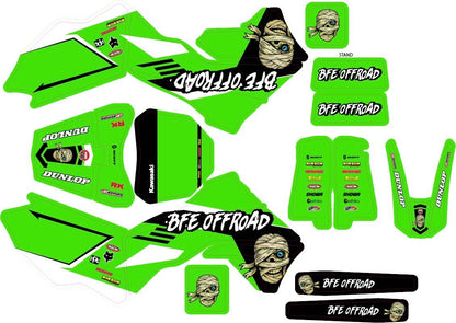A set of bright green and black custom graphics decals for a dirt bike, featuring 'BFE OFFROAD' logos, a cartoon bandaged head character, and sponsor logos like Dunlop and Kawasaki, laid out on a white background.
