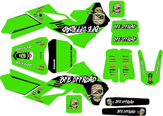 A set of bright green and black custom graphics decals for a dirt bike, featuring 'BFE OFFROAD' logos, a cartoon bandaged head character, and sponsor logos like Dunlop and Kawasaki, laid out on a white background.