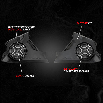 Two SSV Works speakers with labeled features on a dark background