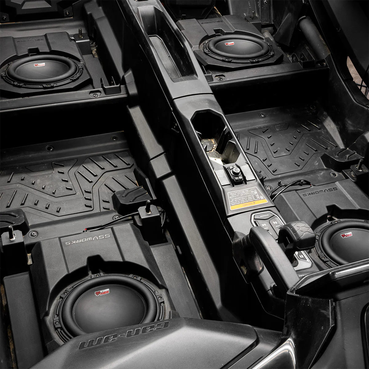 UTV subwoofer kit installed with black background