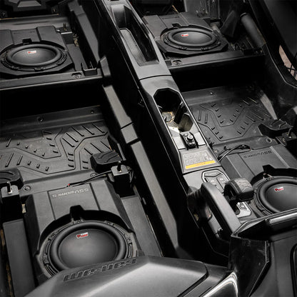 UTV subwoofer kit installed with black background