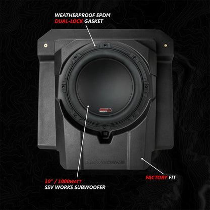 SUV Works subwoofer with labeled features on a black background