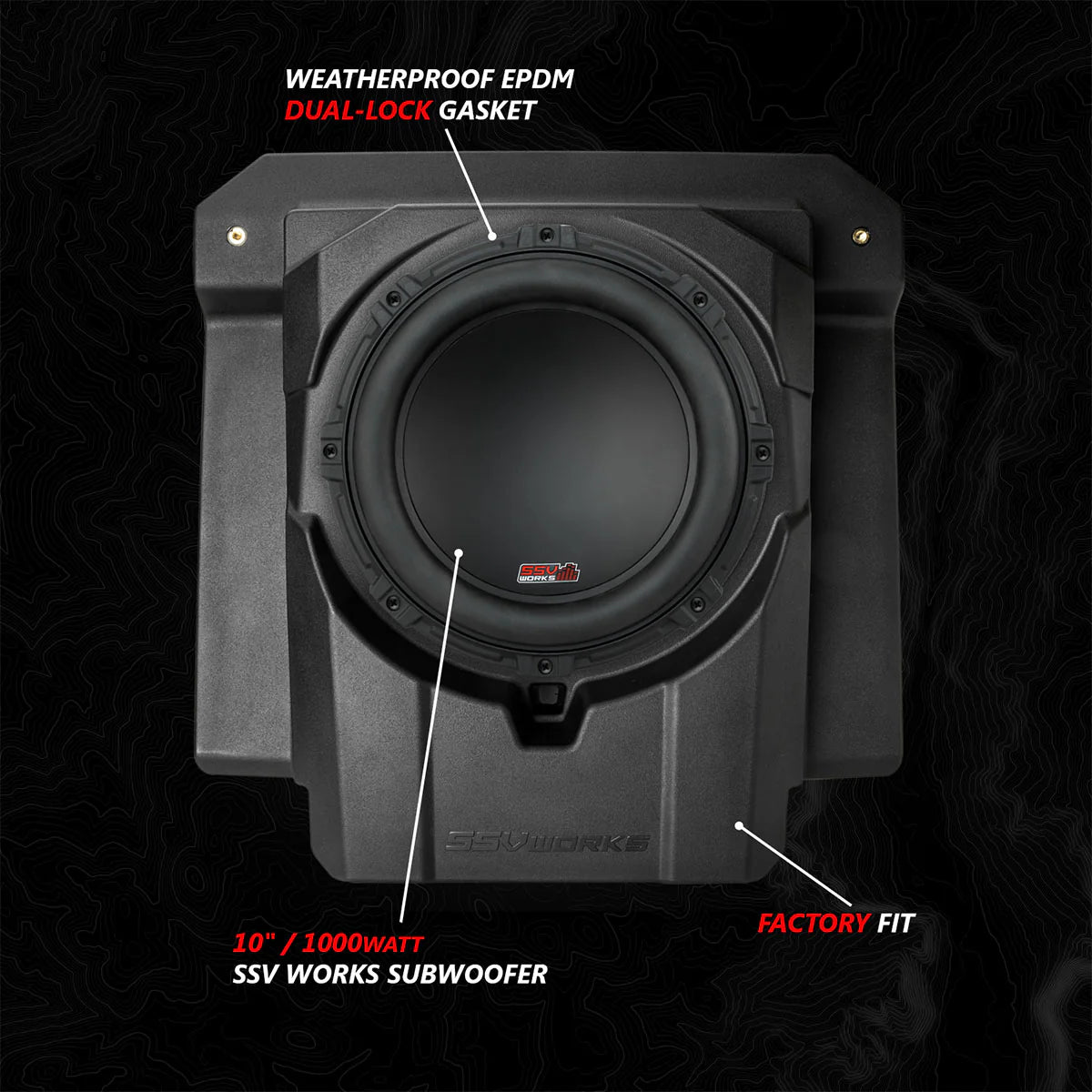 SUV Works subwoofer with labeled features on a black background